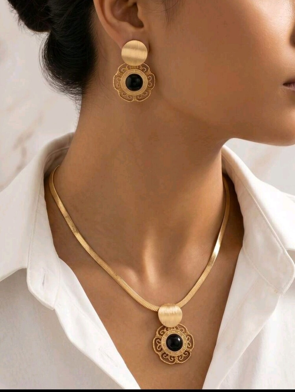 BRAND NEW ** Gold Statement Necklace and Earrings Set with Black Accents